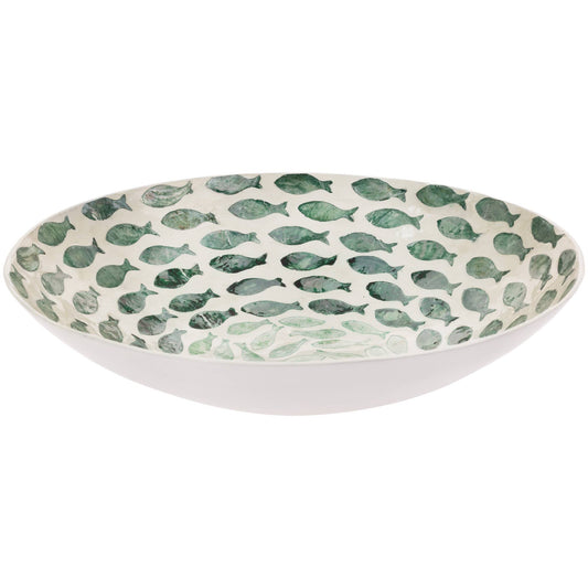 11.75" Dia Bowl Mother of Pearl Swirling Fish - Coastal