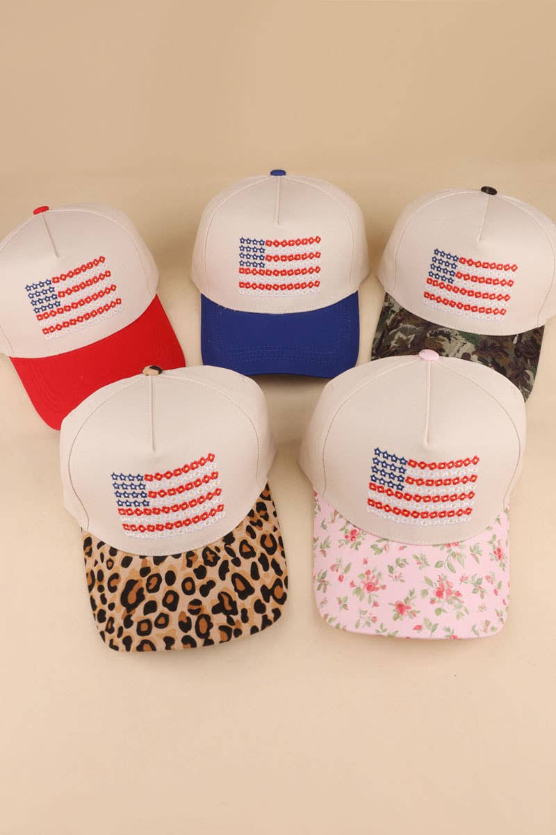 Star Floral American Flag Two Tone Cotton Hat: CAMO /