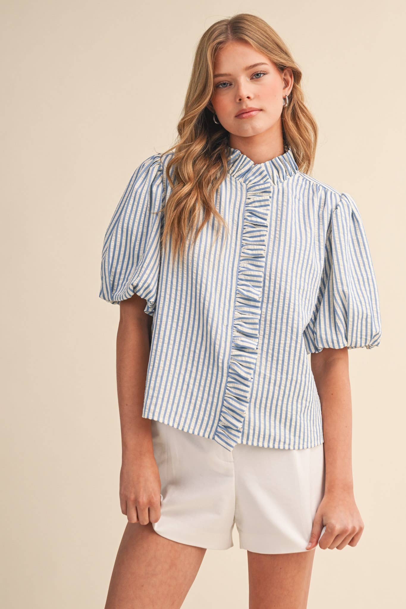 STRIPED RUFFLED BUTTON DOWN TOP
