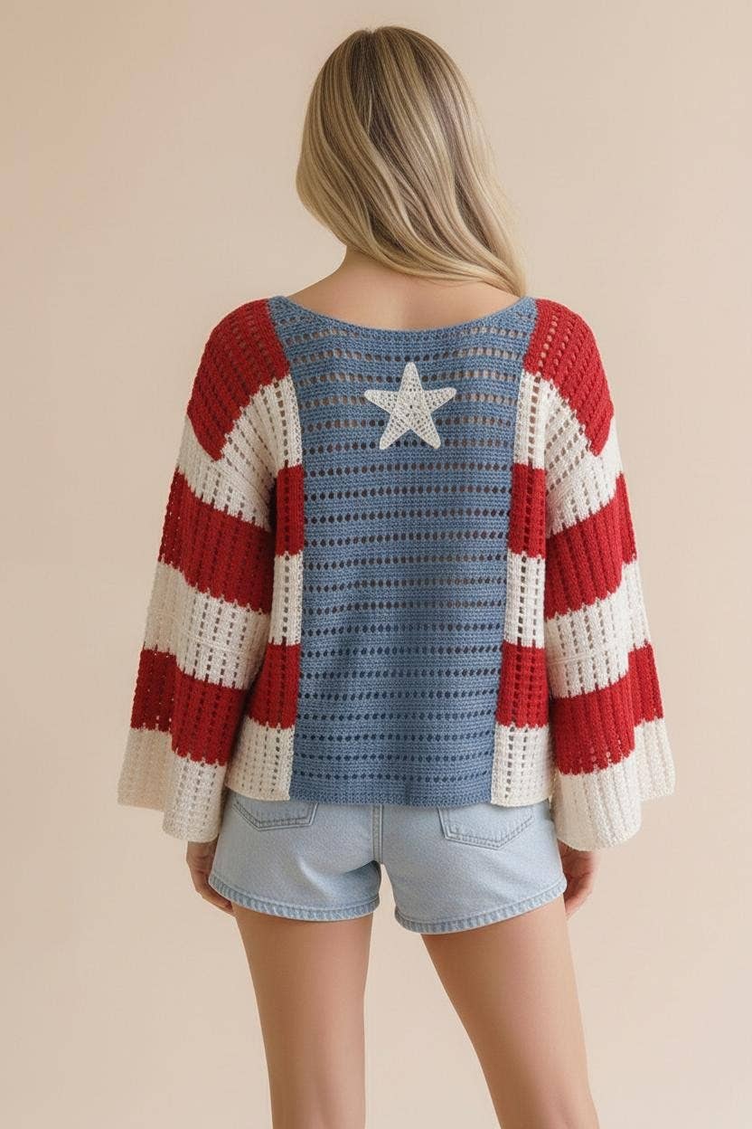 Star And Stripe Crochet Sweater: RED/WHITE/BLUE