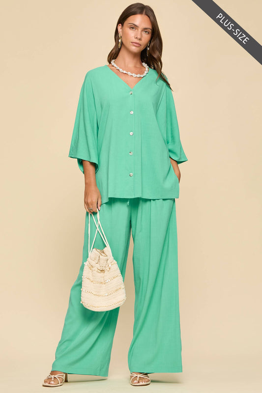 PLUS SIZE 2-Piece Linen Summer Set: EMERALD