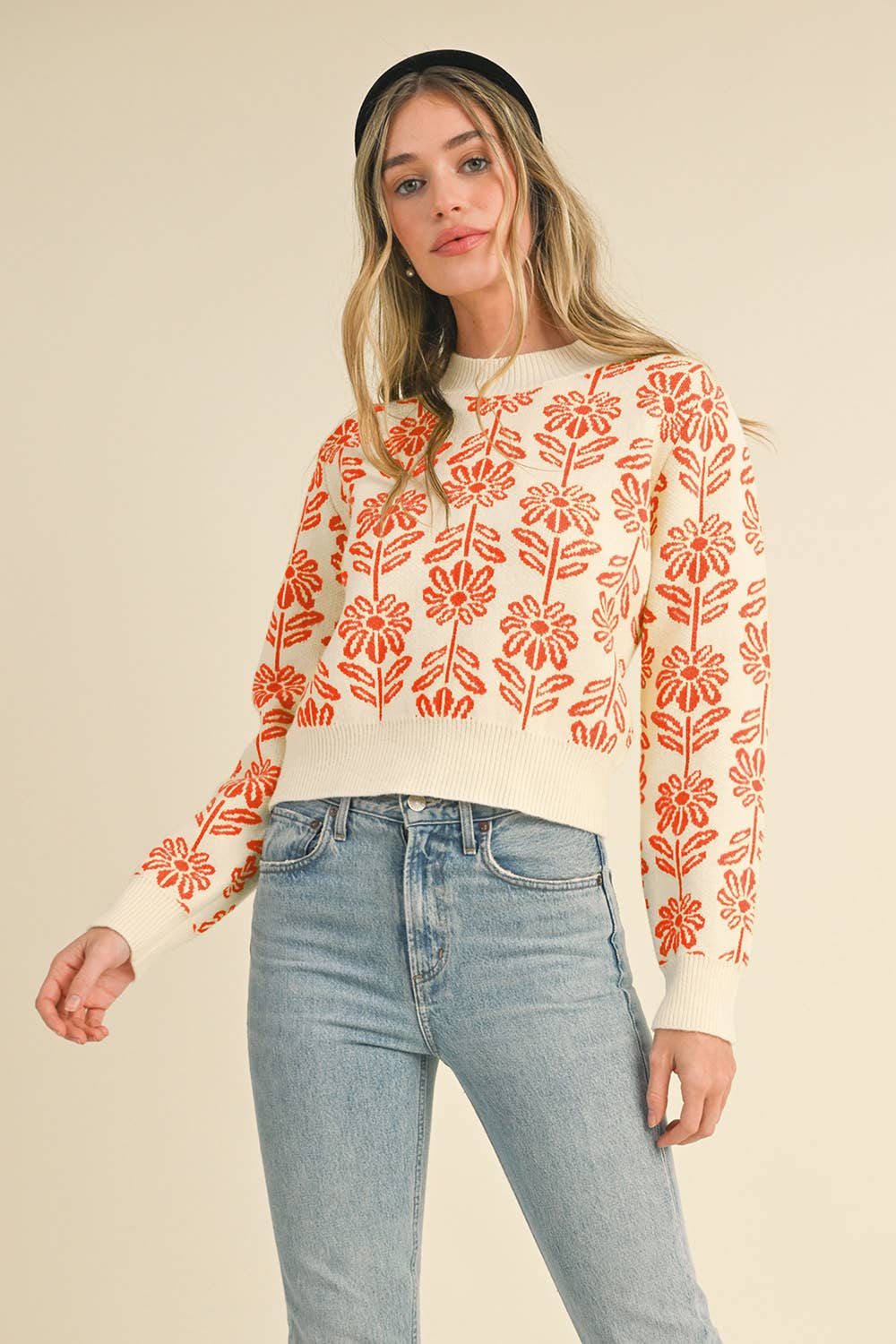 FLORAL PATTERN KNIT SWEATER TANGERINE TANGO