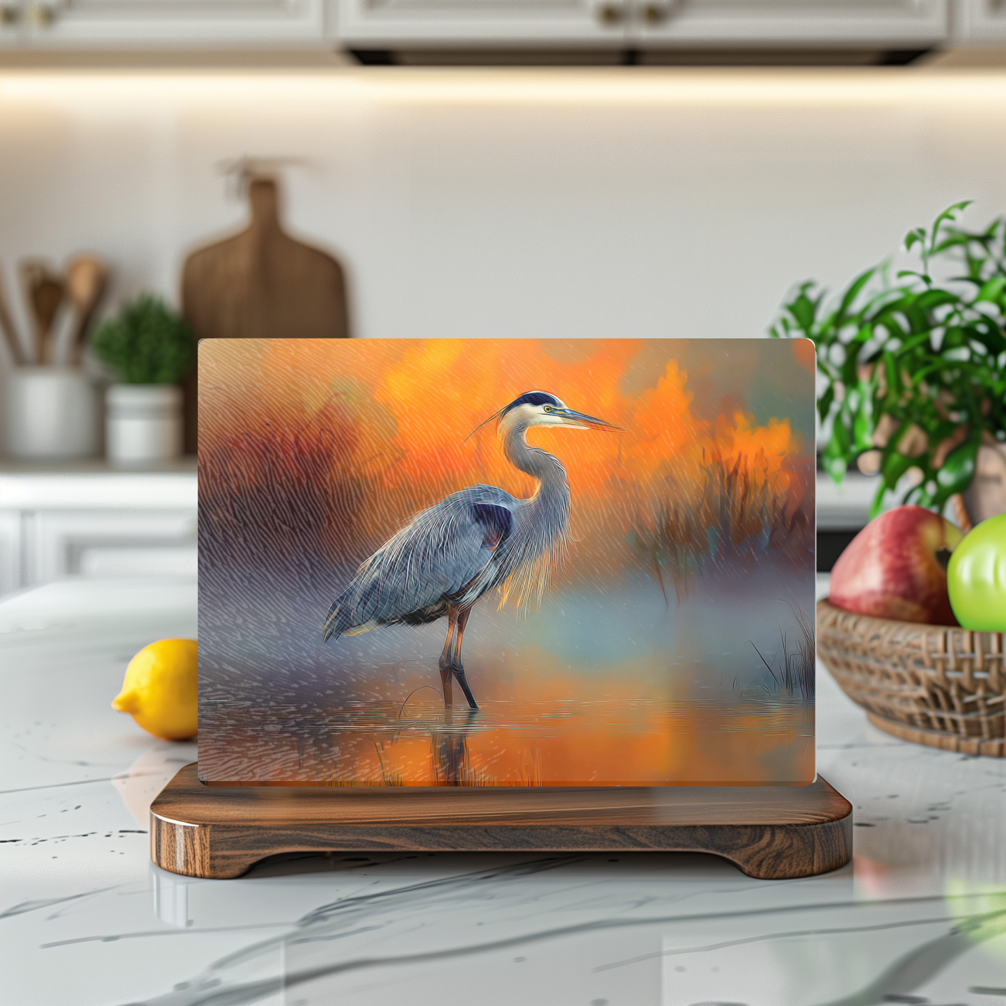 Blue Heron Tempered Glass Kitchen Cutting Board: 8x11 inch