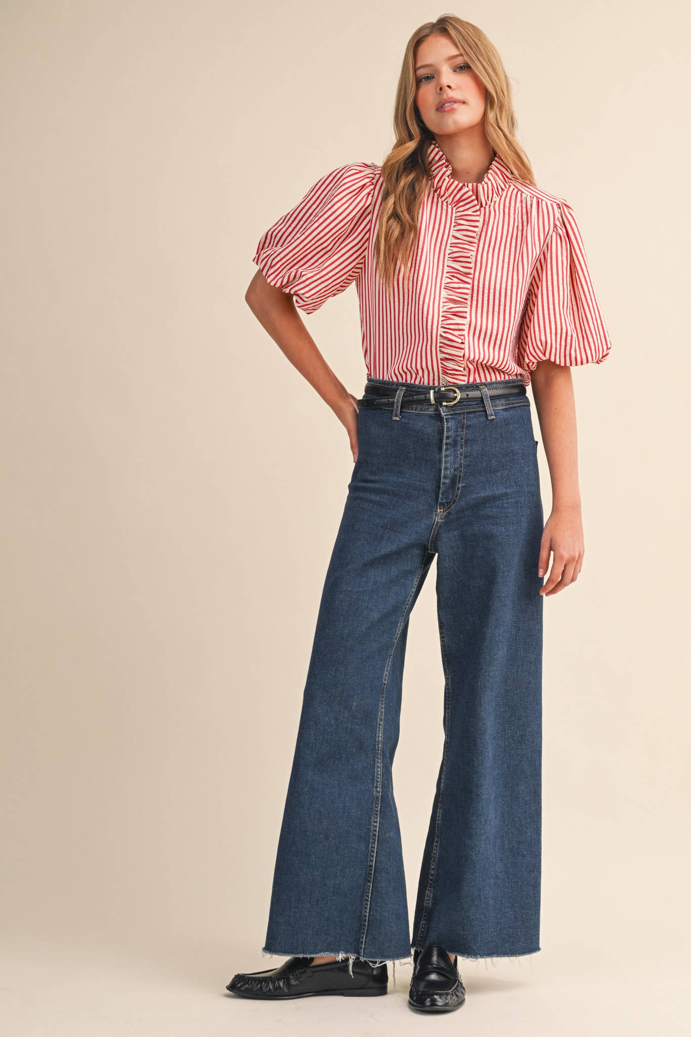 STRIPED RUFFLED BUTTON DOWN TOP