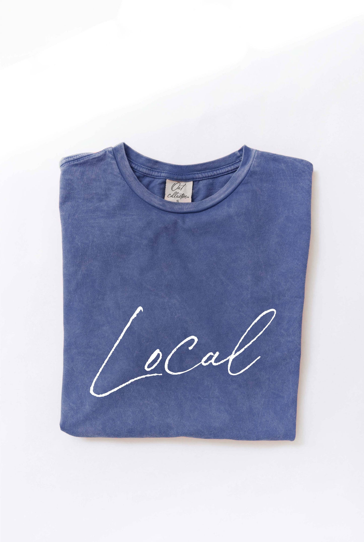 LOCAL Cursive Mineral Washed Graphic Top: DENIM BLUE