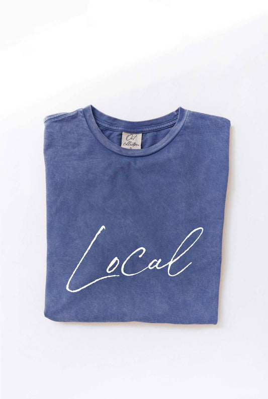 LOCAL Cursive Mineral Washed Graphic Top: DENIM BLUE