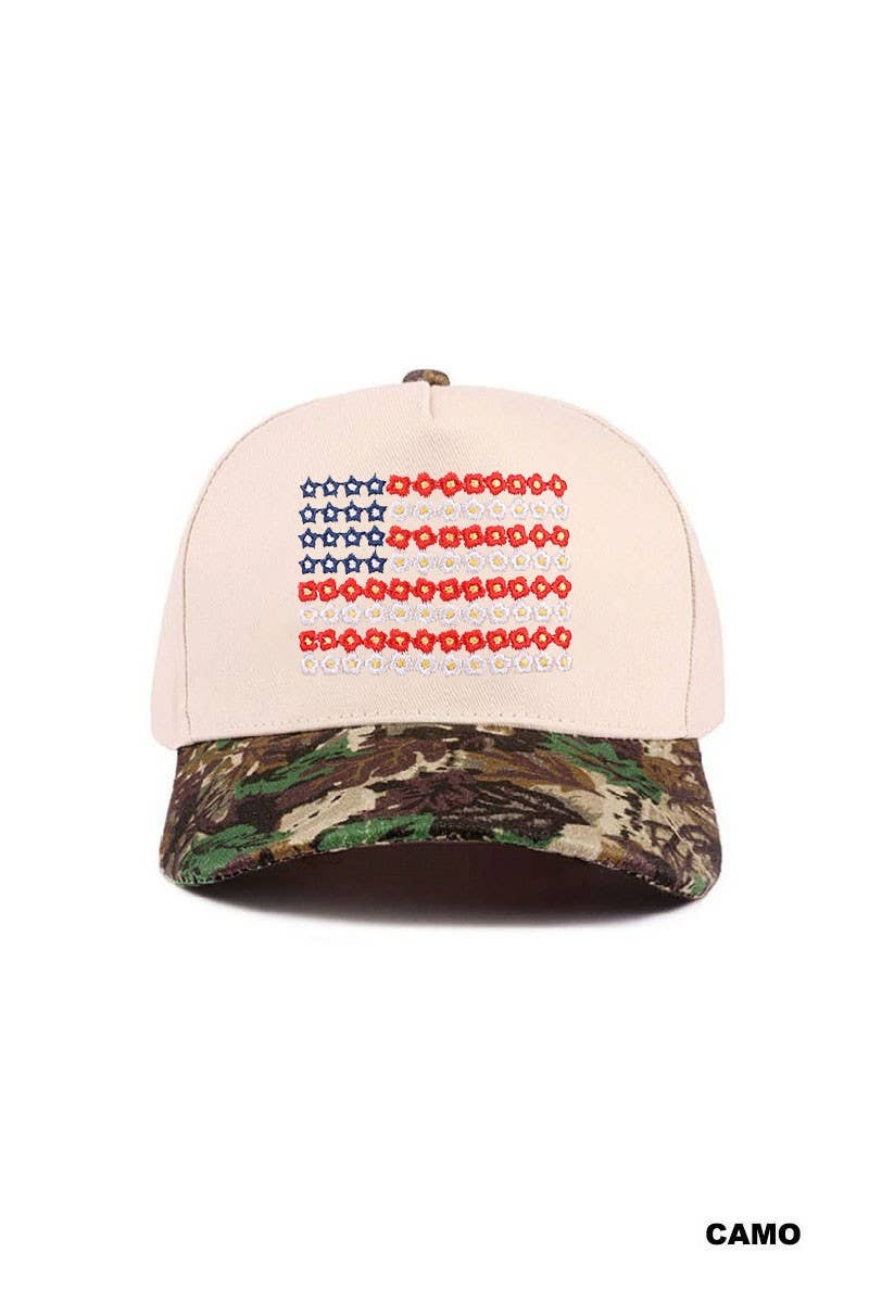 Star Floral American Flag Two Tone Cotton Hat: CAMO /