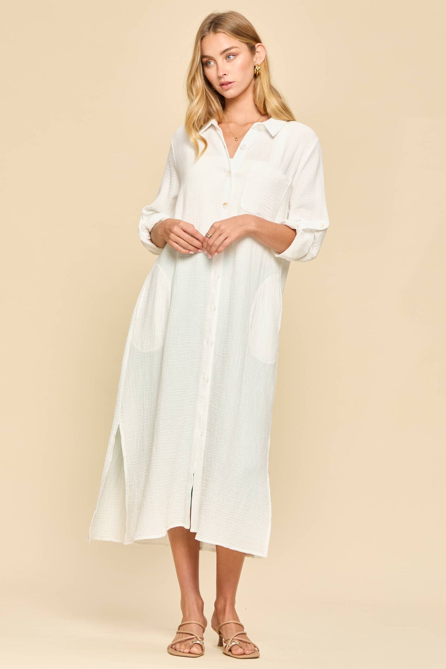 Breathable Cotton Button-Down Duster: PEACH SORBET