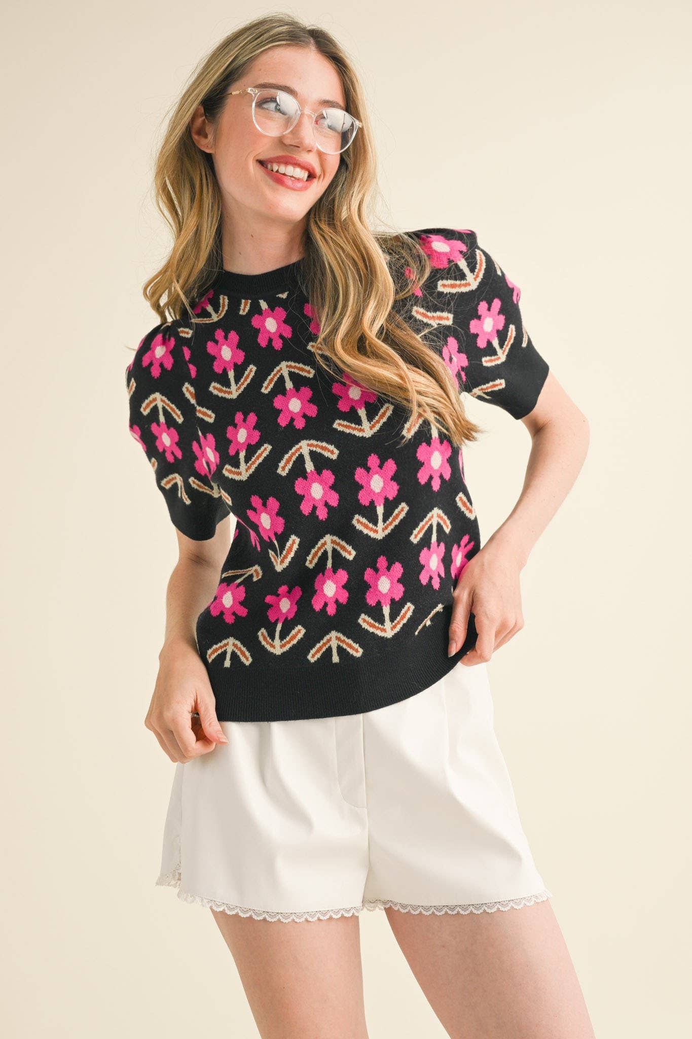 SHORT SLEEVE FLORAL KNIT SWEATER ORCHID