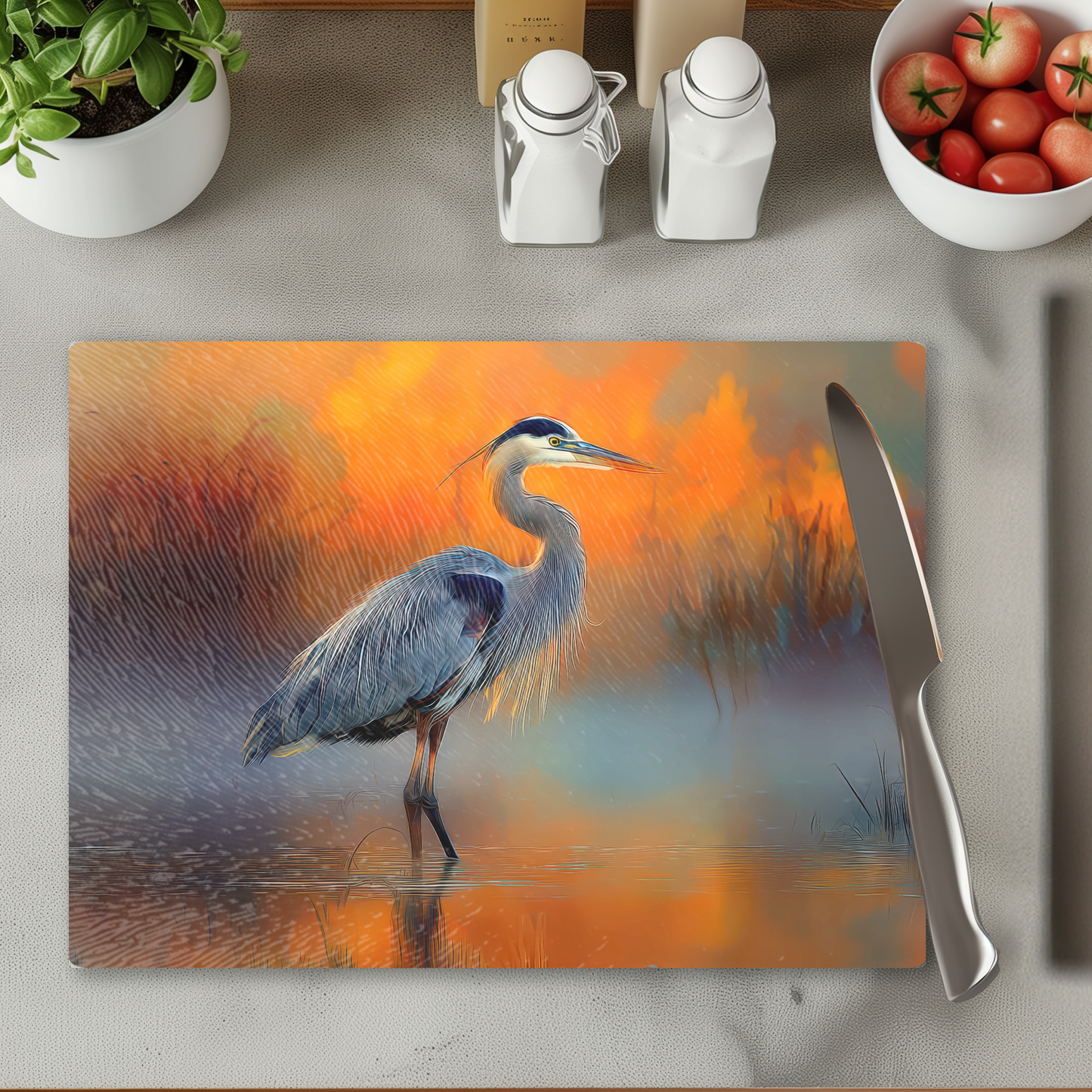 Blue Heron Tempered Glass Kitchen Cutting Board: 11x15 inch