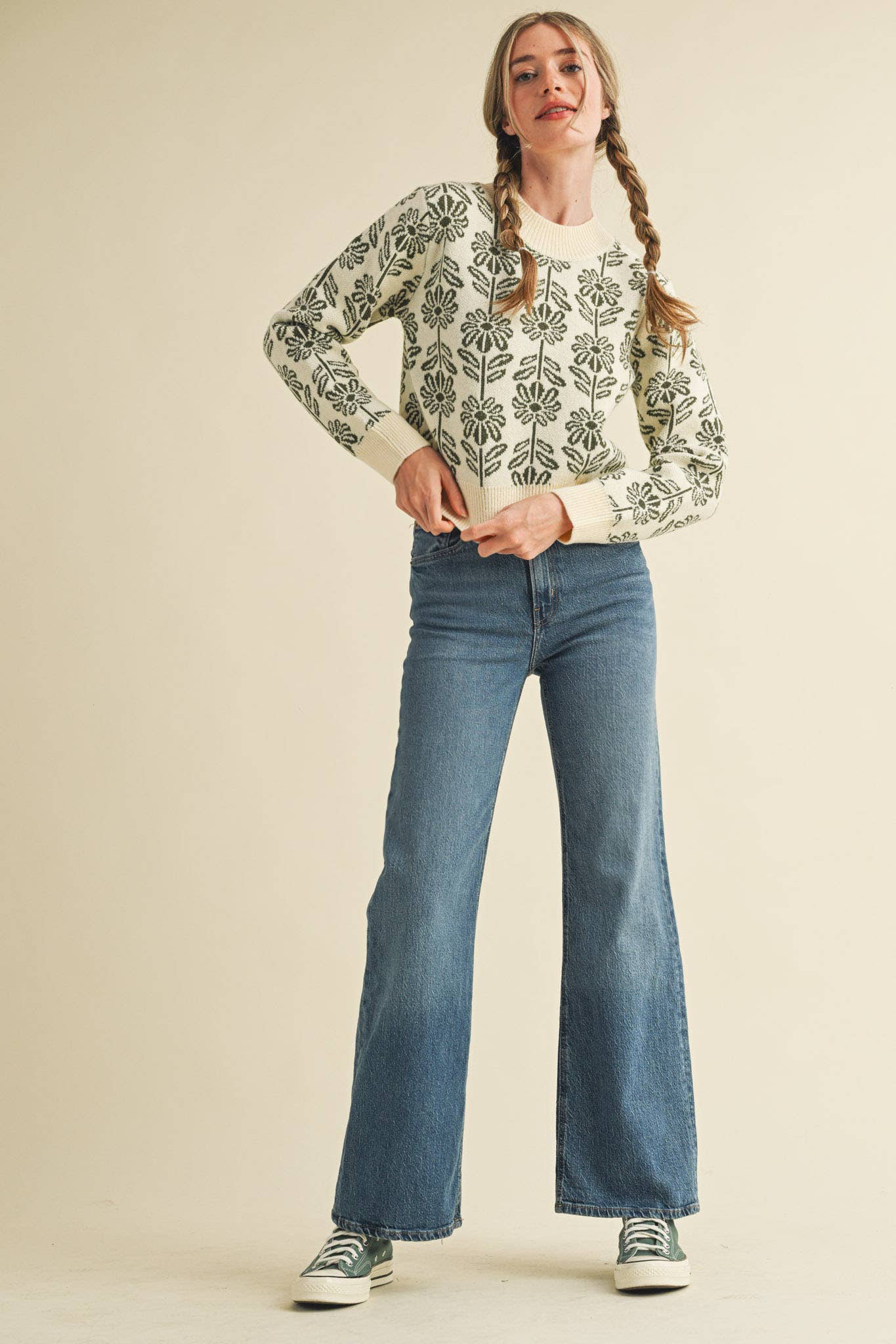FLORAL PATTERN KNIT SWEATER TANGERINE TANGO