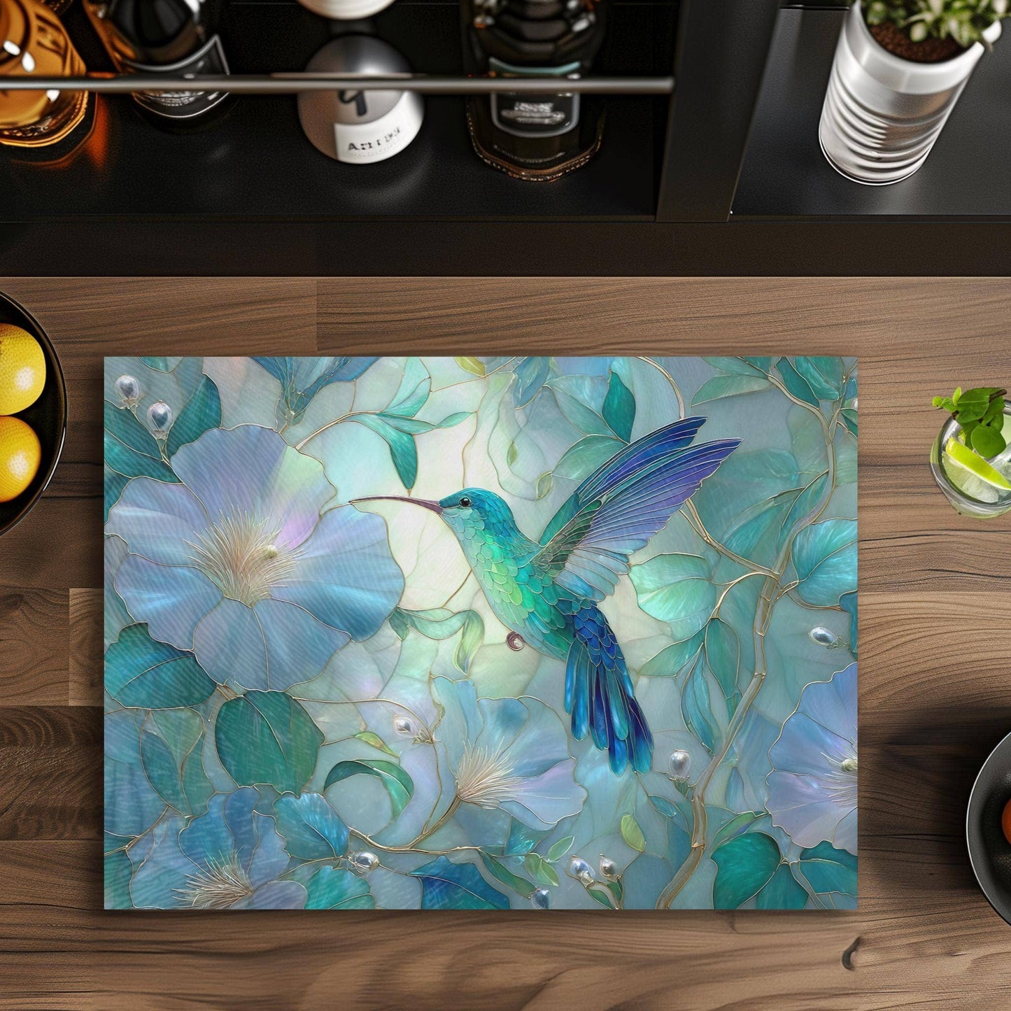 Hummingbird Tempered Glass Cutting Board & Serving Tray: 8x11 inch
