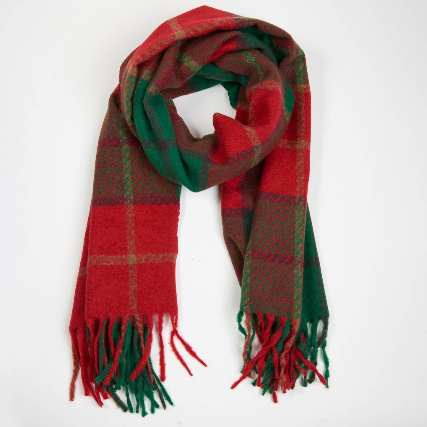 Kylie Windowpane Plaid Fringe Winter Scarf: Red