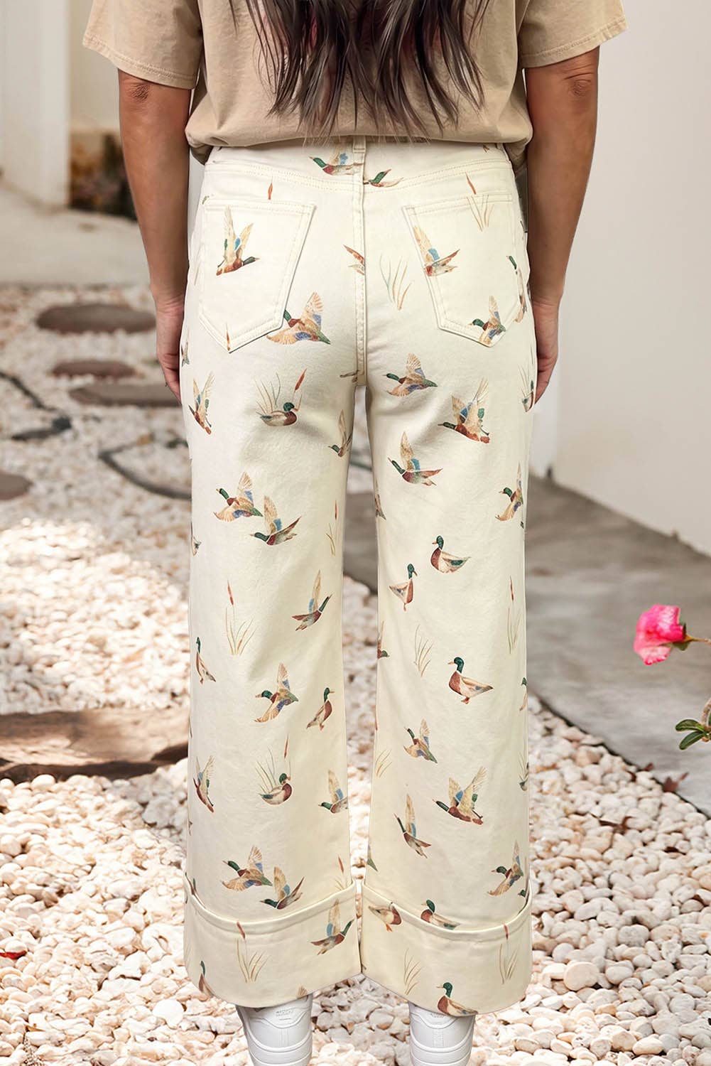 LDC Stylish Mallard Printed Cuffed Hem Shift Jeans: Beige / 10