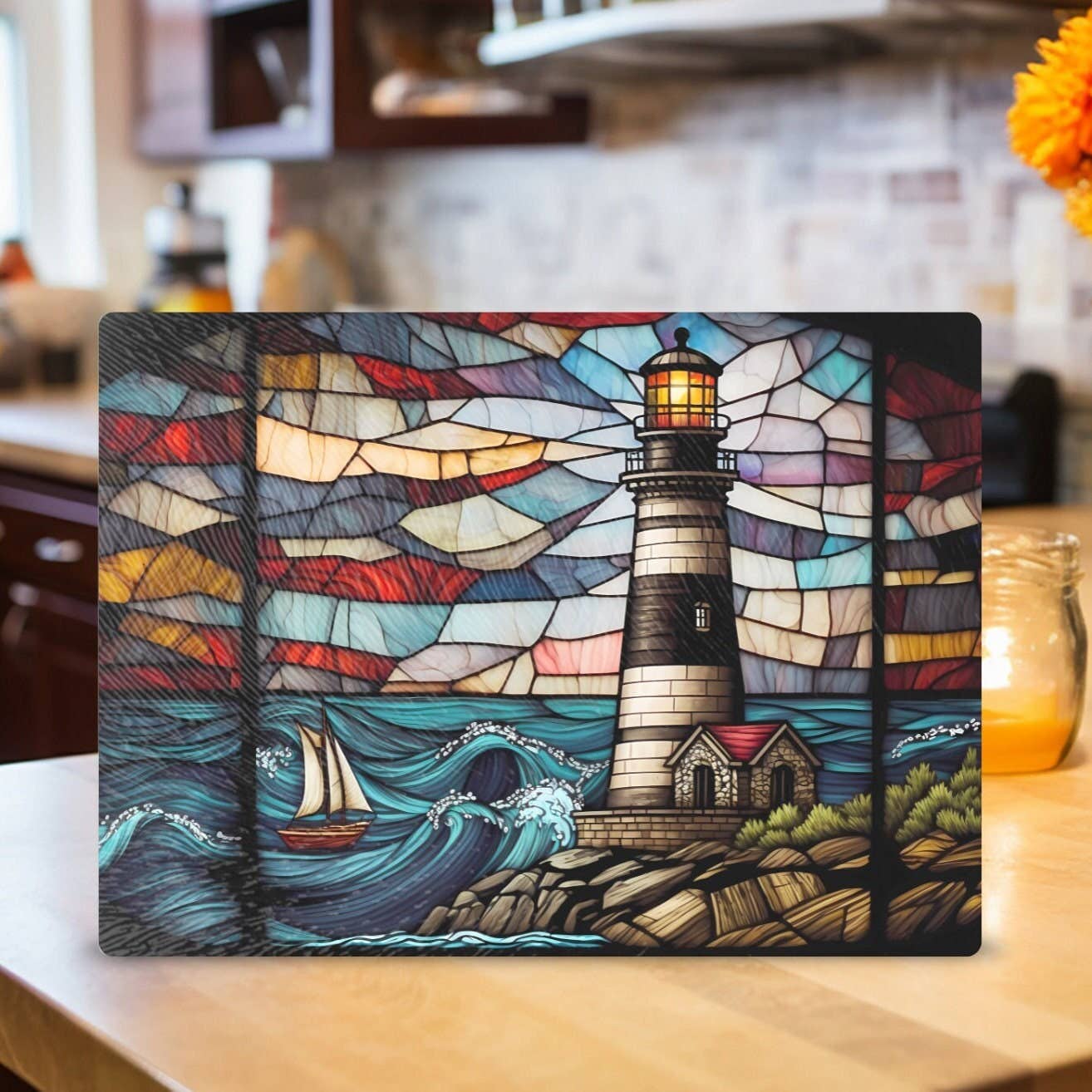 Tempered Glass Cutting Board: Lighthouse Charcuterie Tray: 11 x 15 inch