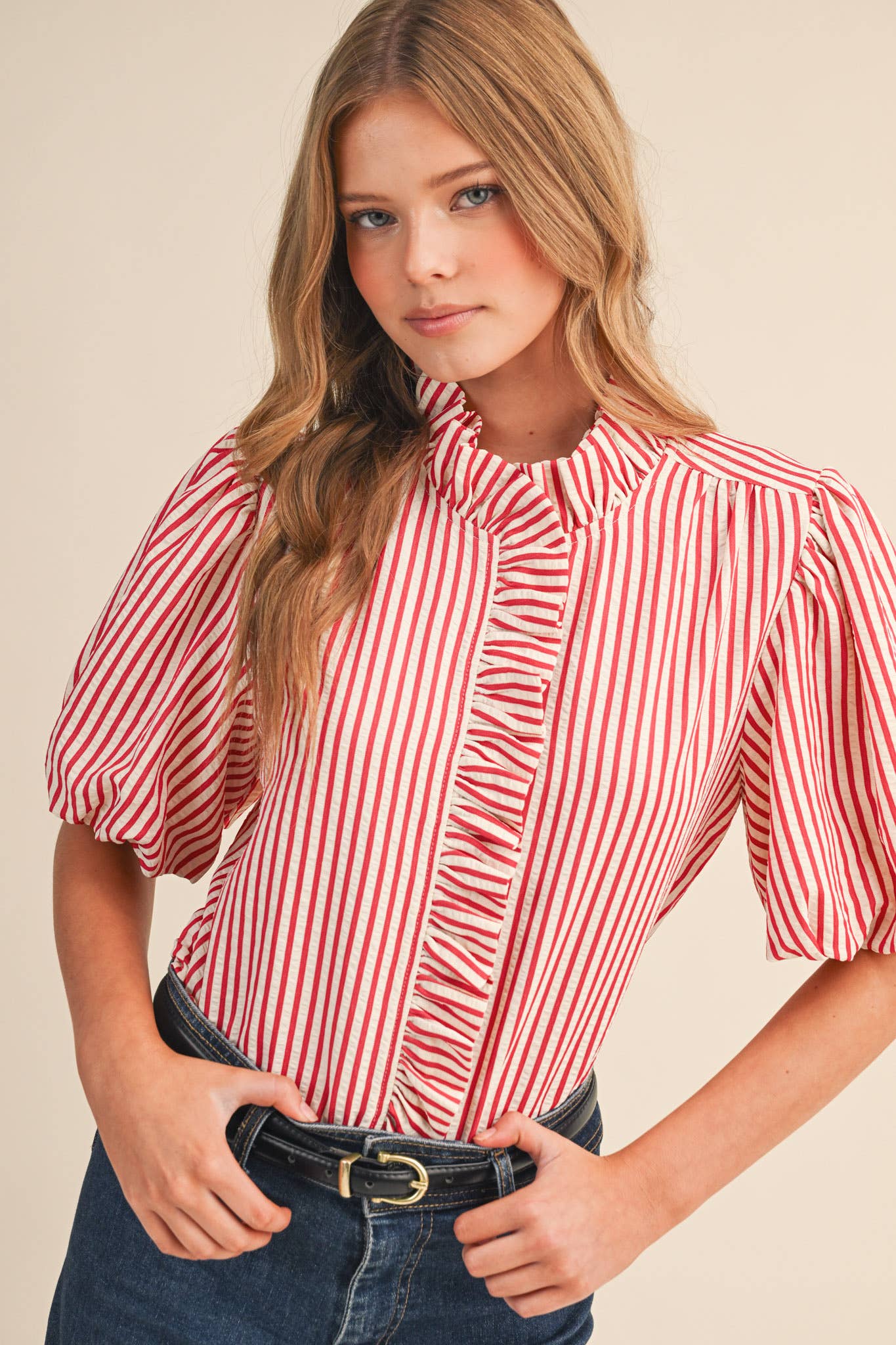 STRIPED RUFFLED BUTTON DOWN TOP