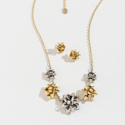 Christmas Gift Bow Collar 20" Necklace + Earring Set