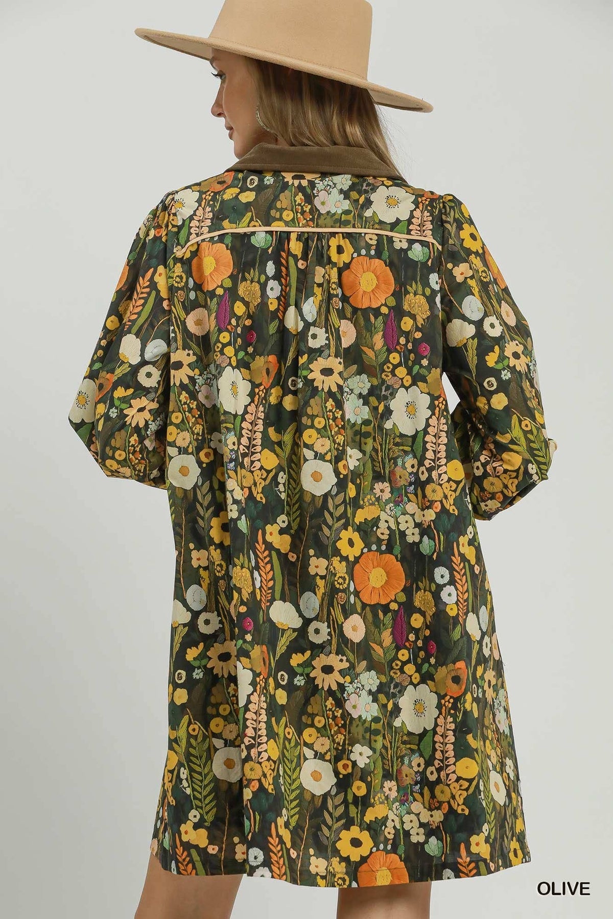Floral Print Smocked Yoke Babydoll Dress: OLIVE