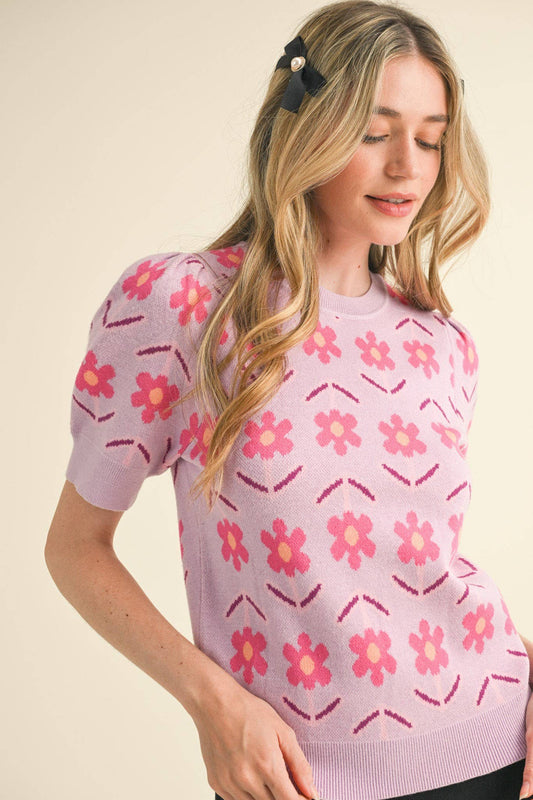 SHORT SLEEVE FLORAL KNIT SWEATER ORCHID