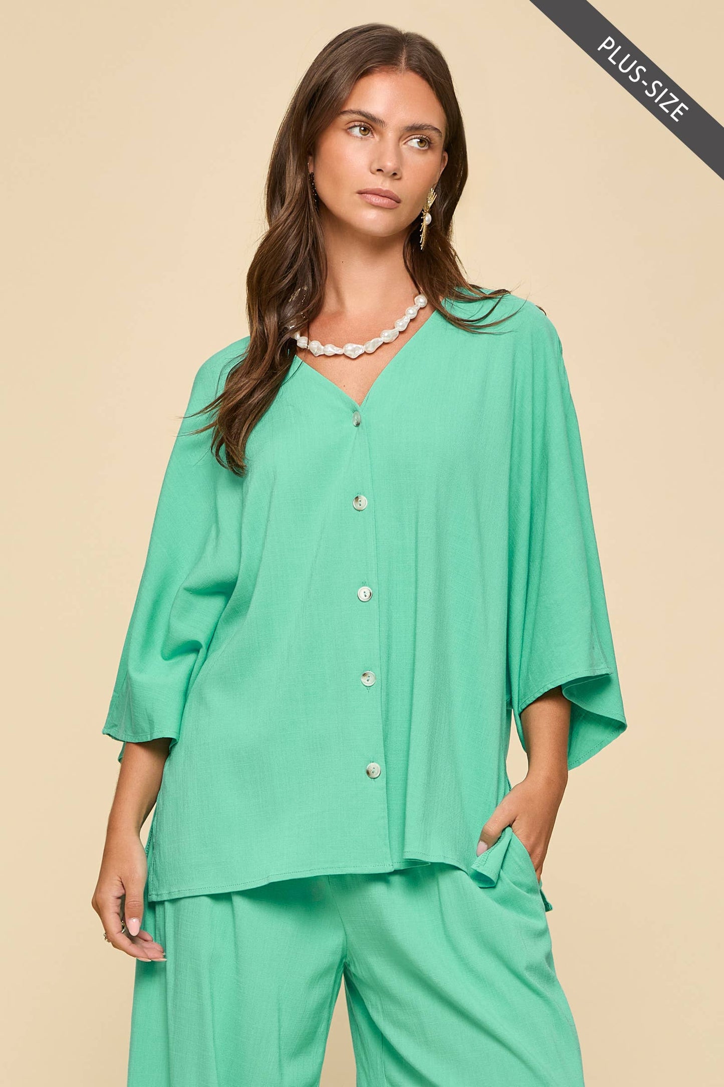 PLUS SIZE 2-Piece Linen Summer Set: EMERALD