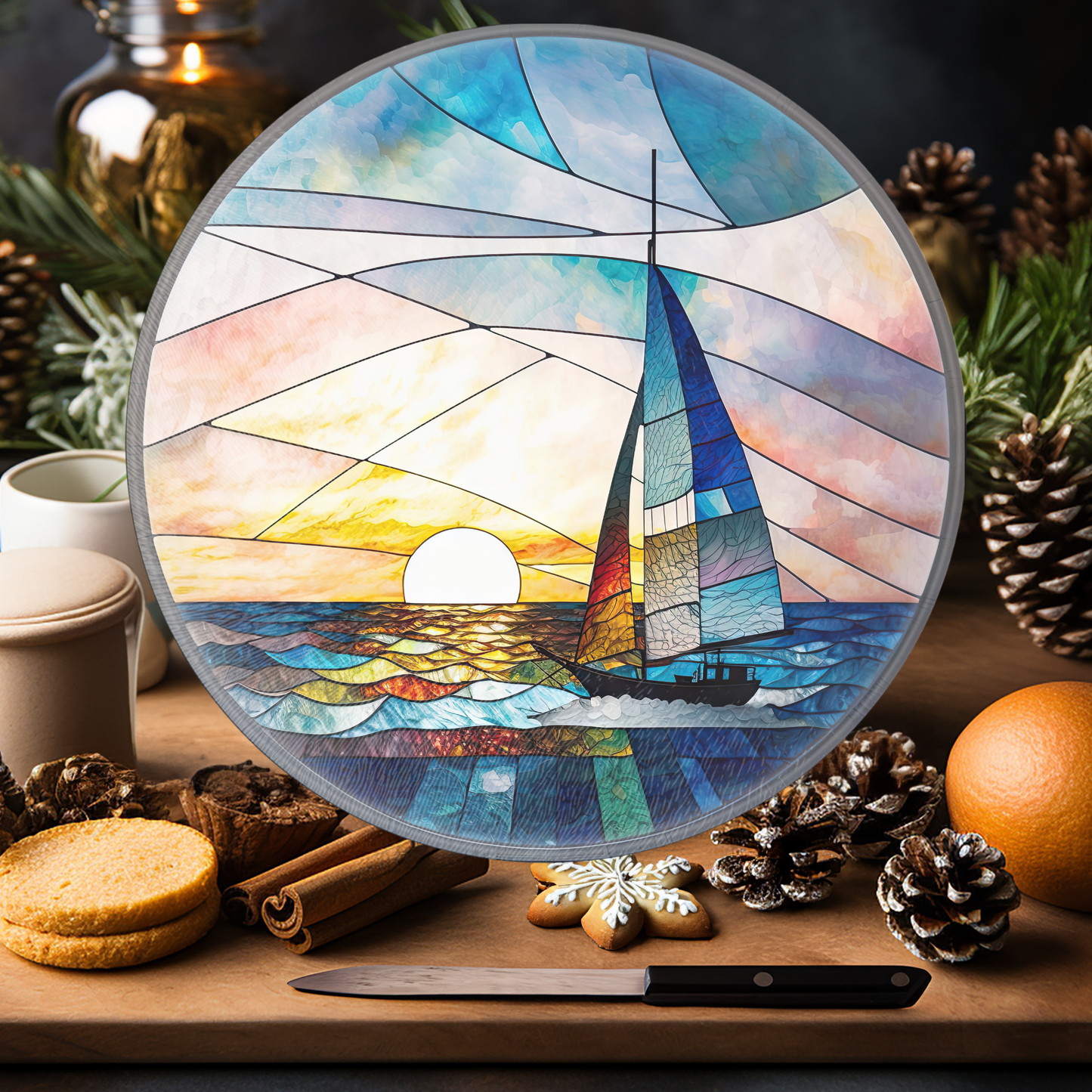 Tempered Glass Cutting Board: Nautical Serving Tray: 8 - Inch