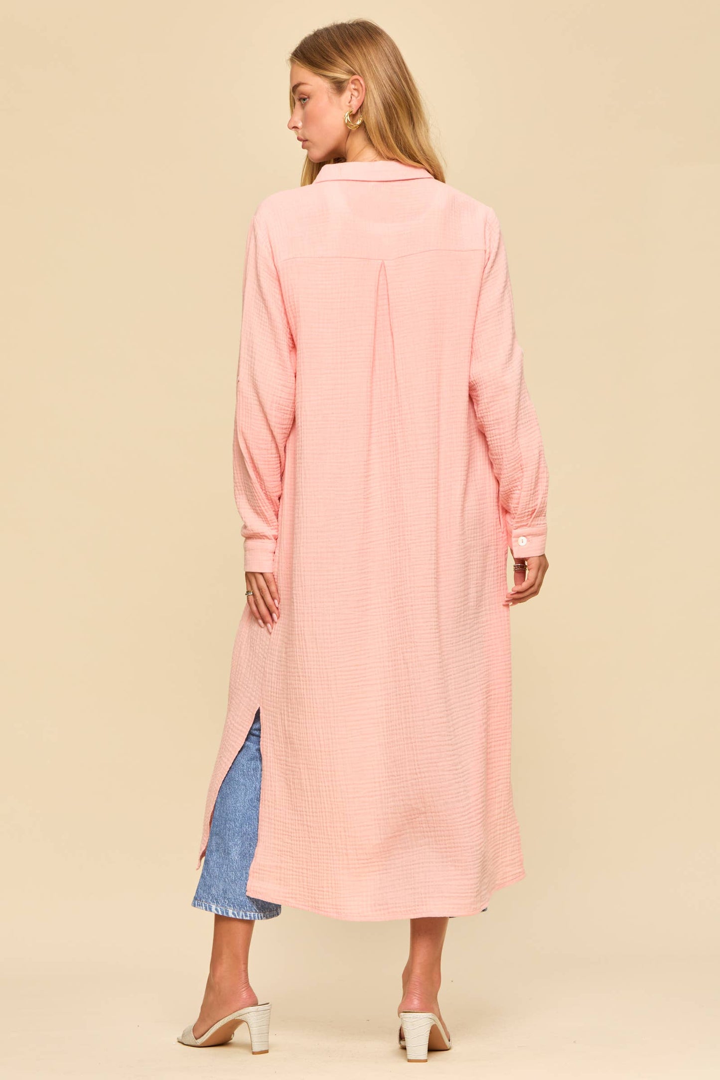 Breathable Cotton Button-Down Duster: PEACH SORBET