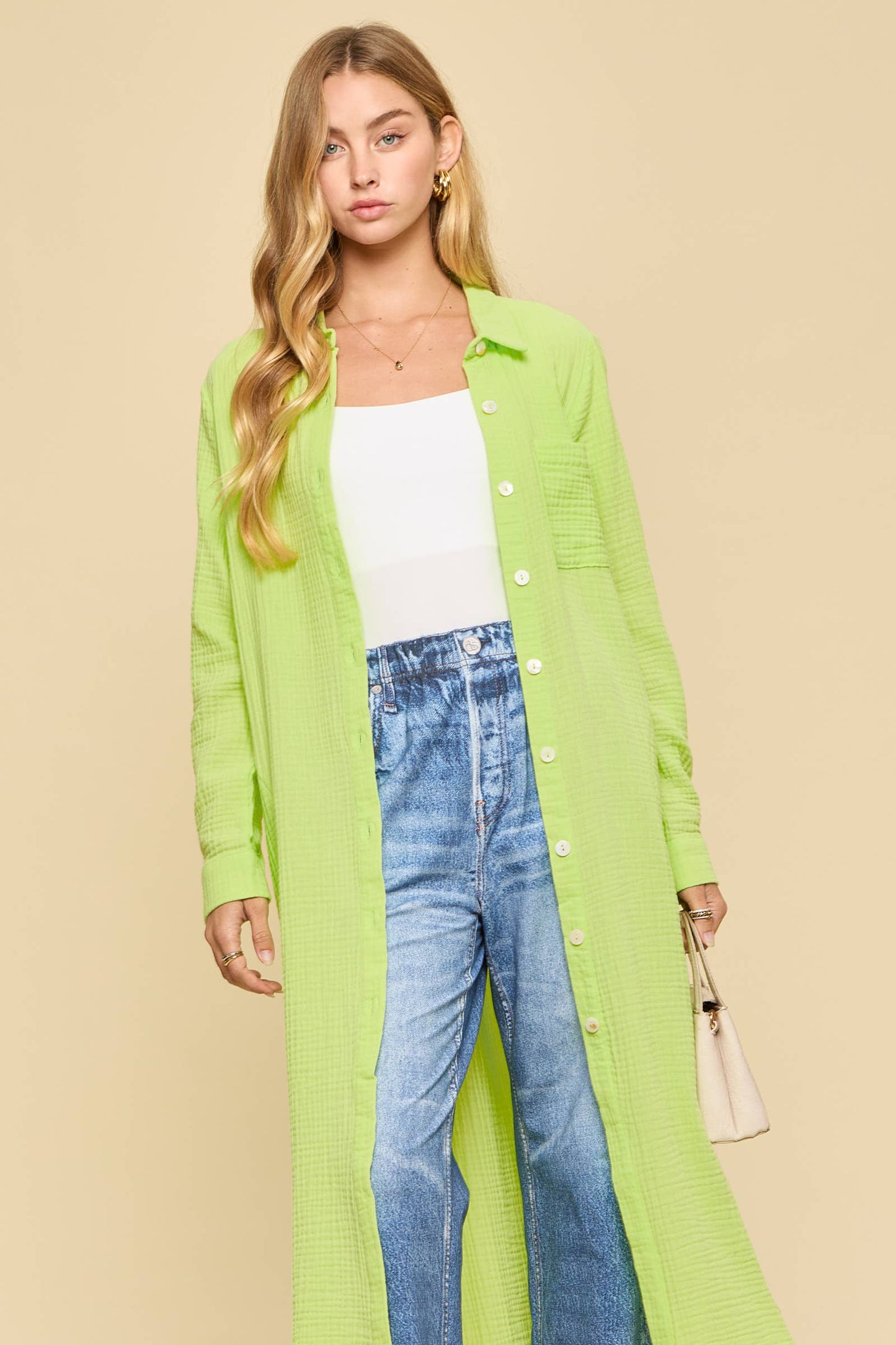 Breathable Cotton Button-Down Duster: PEACH SORBET