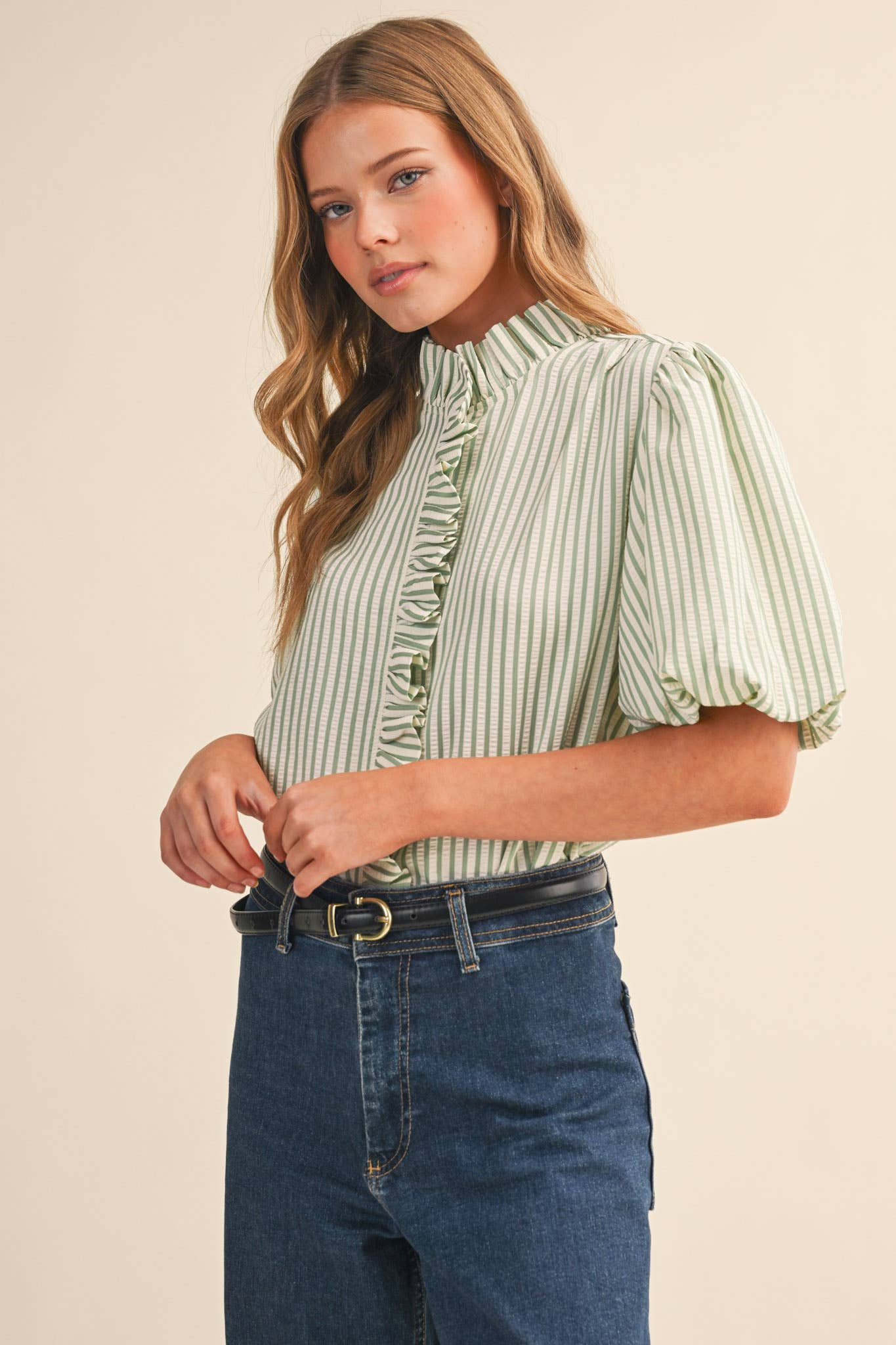 STRIPED RUFFLED BUTTON DOWN TOP
