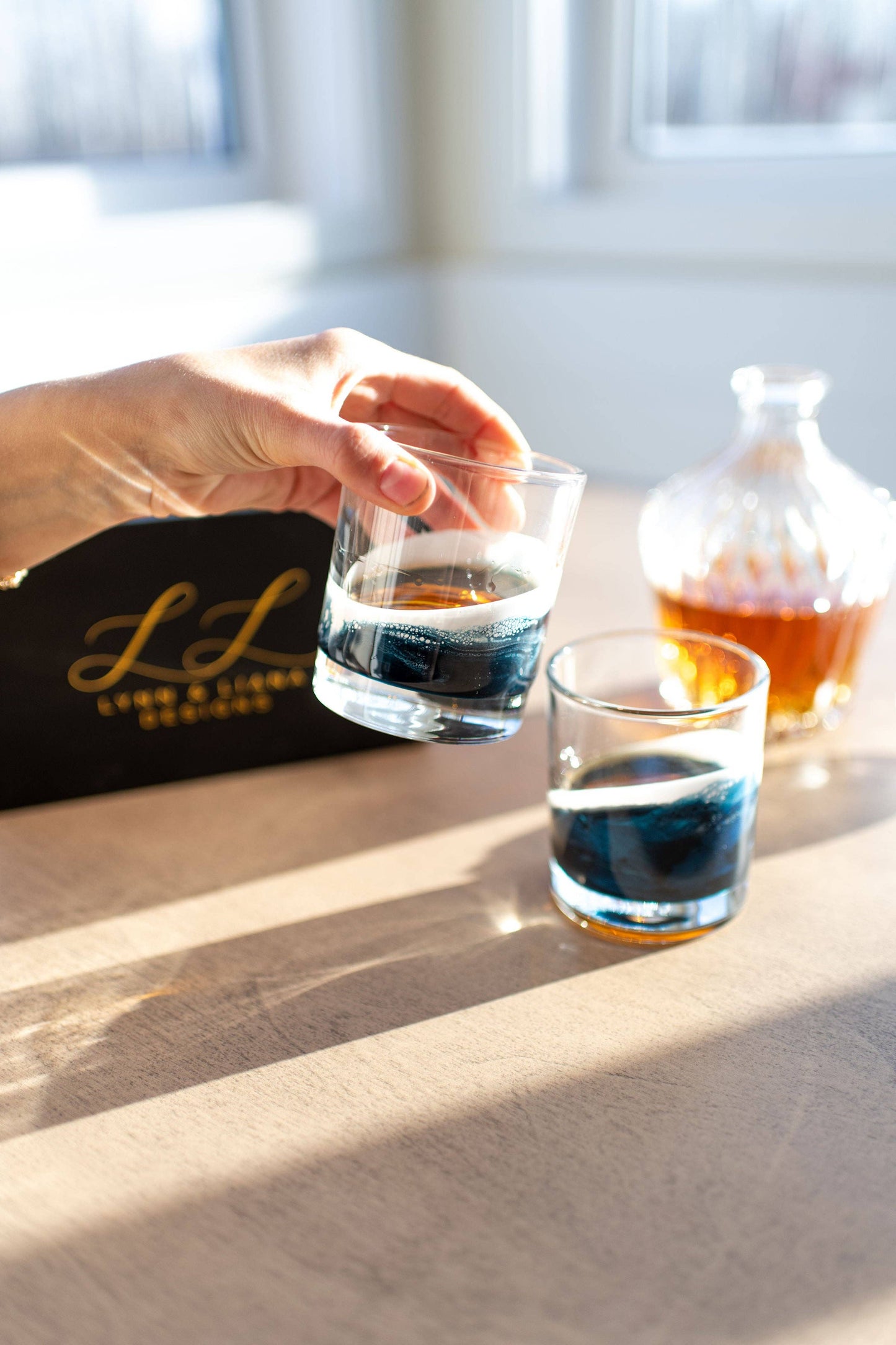 NEW!!! Resin Coated Old Fashioned Whisky Glasses -Navy White Metallic