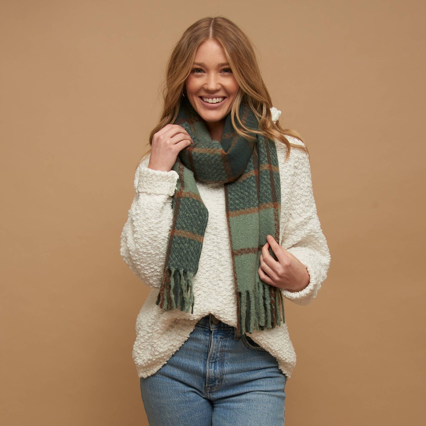 Kylie Windowpane Plaid Fringe Winter Scarf: Cream