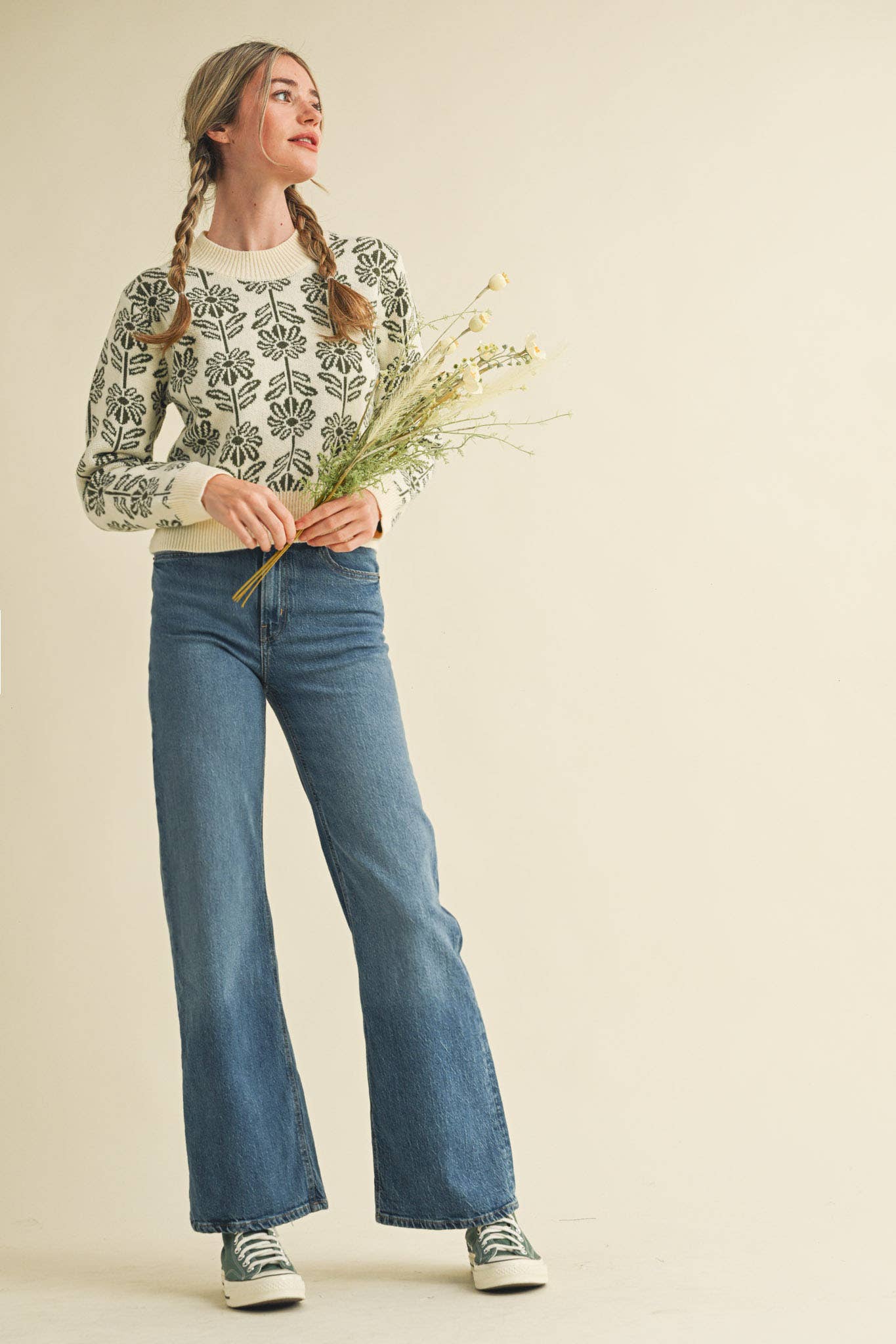 FLORAL PATTERN KNIT SWEATER TANGERINE TANGO