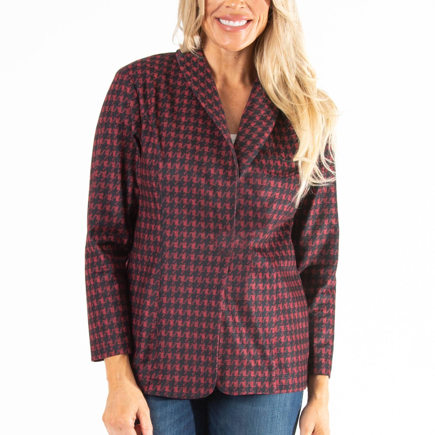 Sale - Nadia Long Sleeve Houndstooth Stretch Blazer: Ruby Houndstooth / S/M