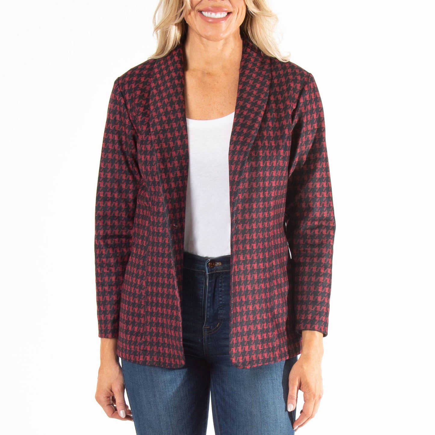 Nadia Long Sleeve Houndstooth Stretch Blazer: Ruby Houndstooth / L/XL