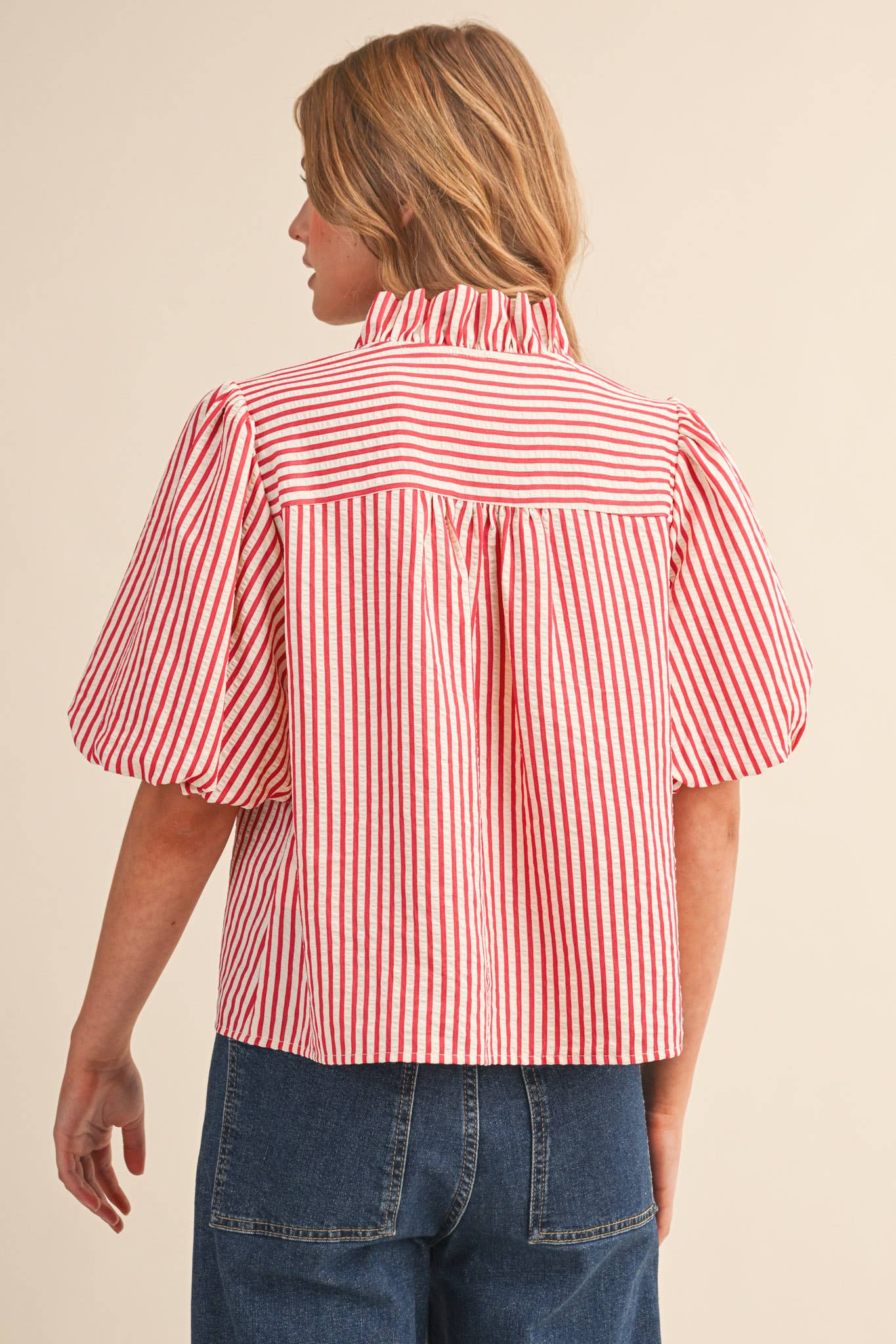 STRIPED RUFFLED BUTTON DOWN TOP