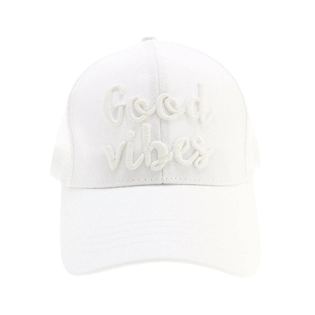 Good Vibes Embroidered Mesh Back High Ponytail CC Ball Cap BT10-GV: White