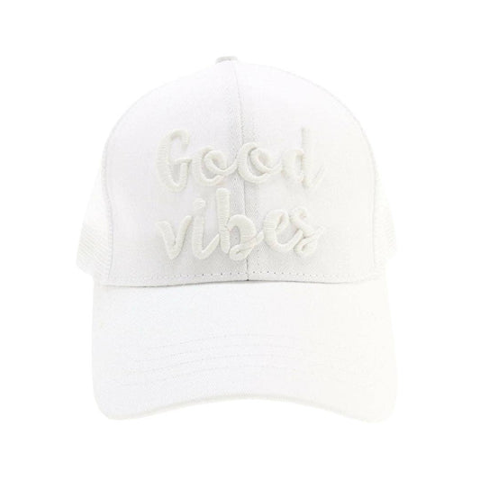 Good Vibes Embroidered Mesh Back High Ponytail CC Ball Cap BT10-GV: White