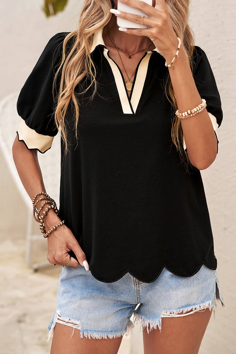 LDC Color Contrast Collared V Neck Puff Sleeve Blouse: Black / XL
