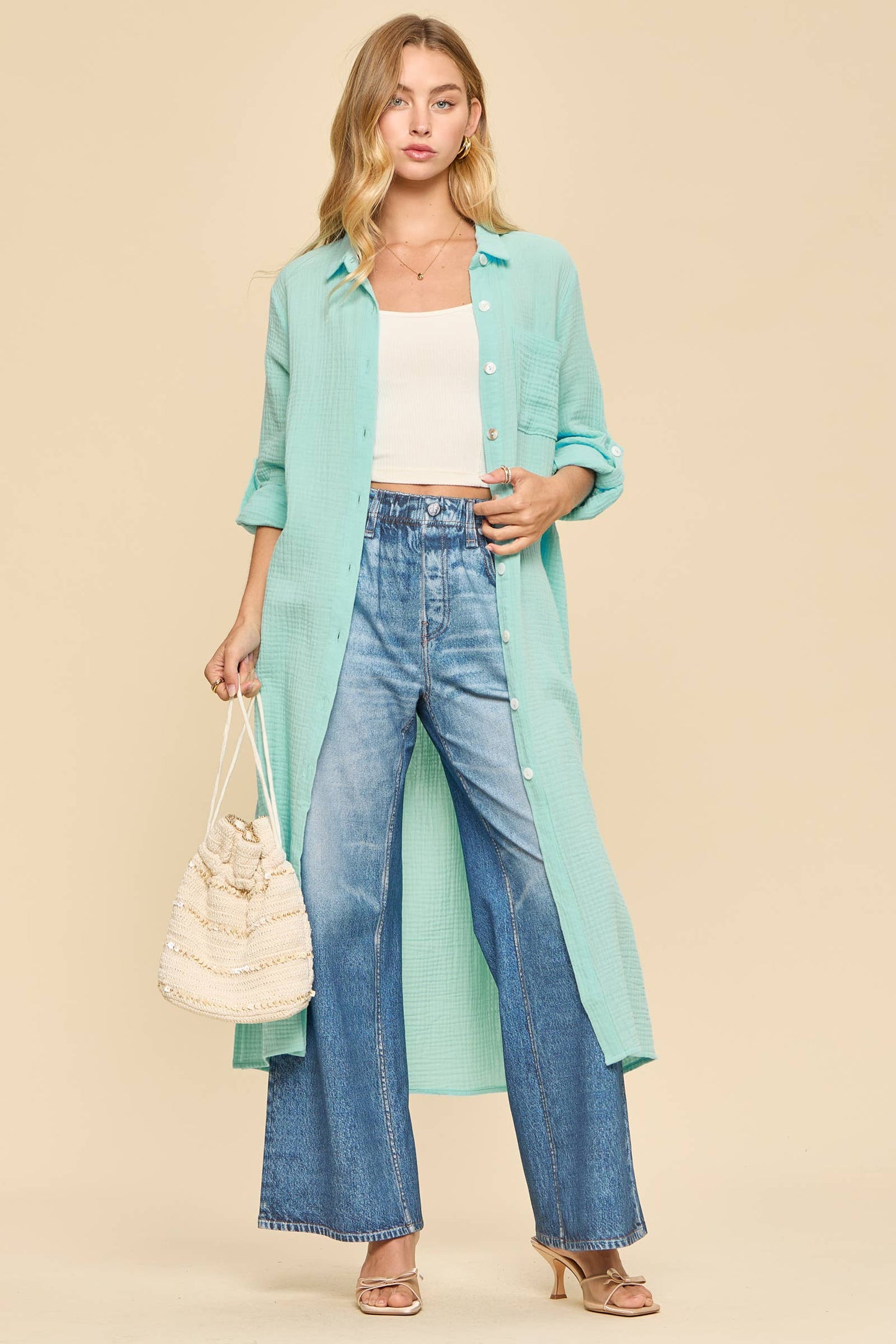 Breathable Cotton Button-Down Duster: PEACH SORBET
