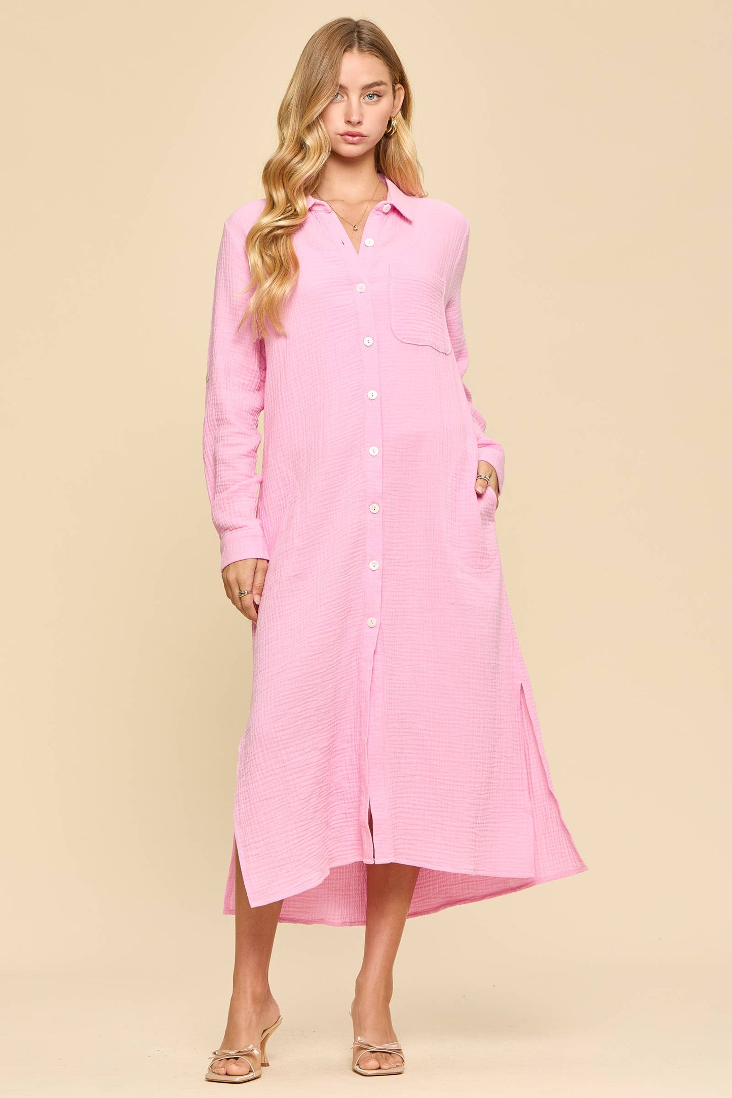 Breathable Cotton Button-Down Duster: PEACH SORBET