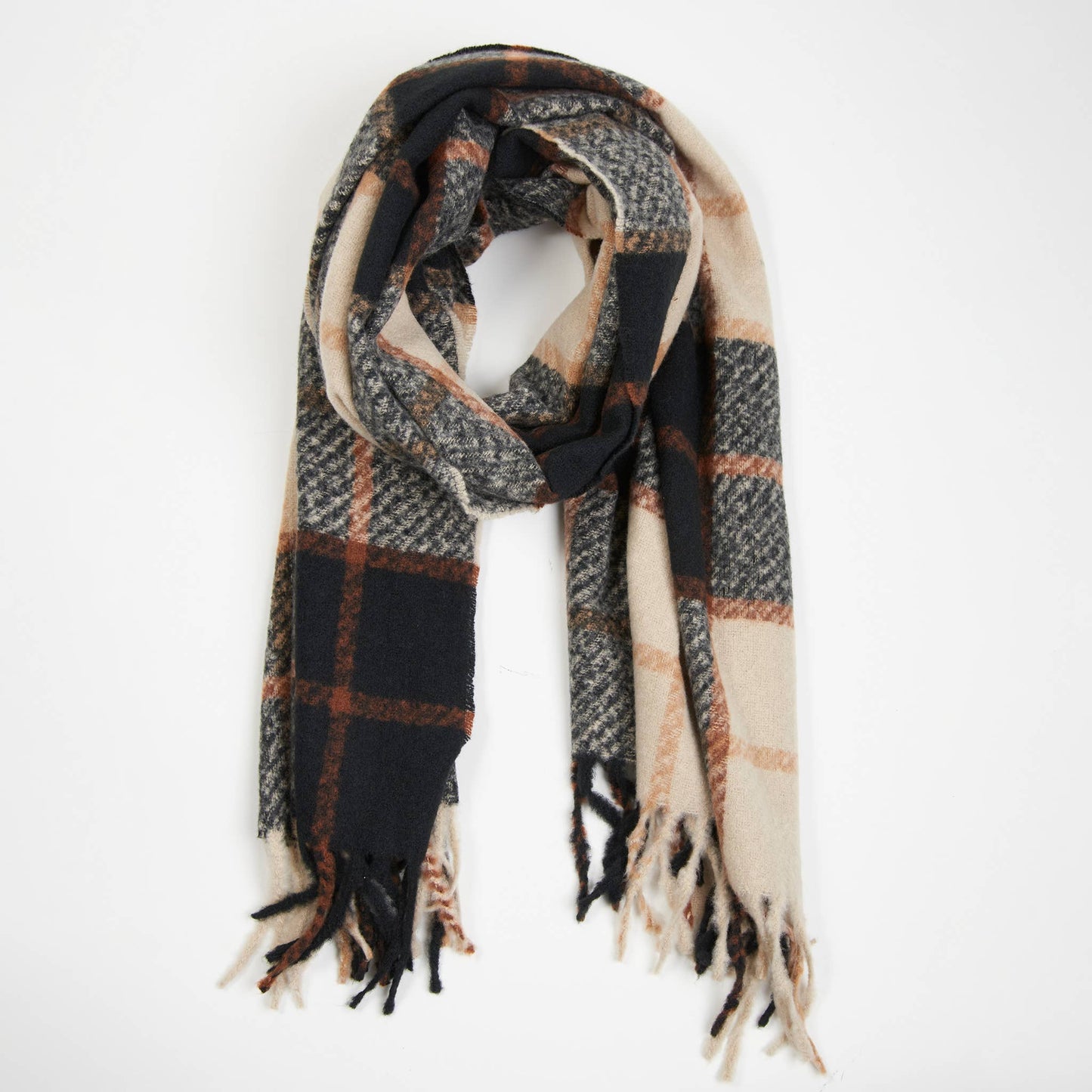 Kylie Windowpane Plaid Fringe Winter Scarf: Cream